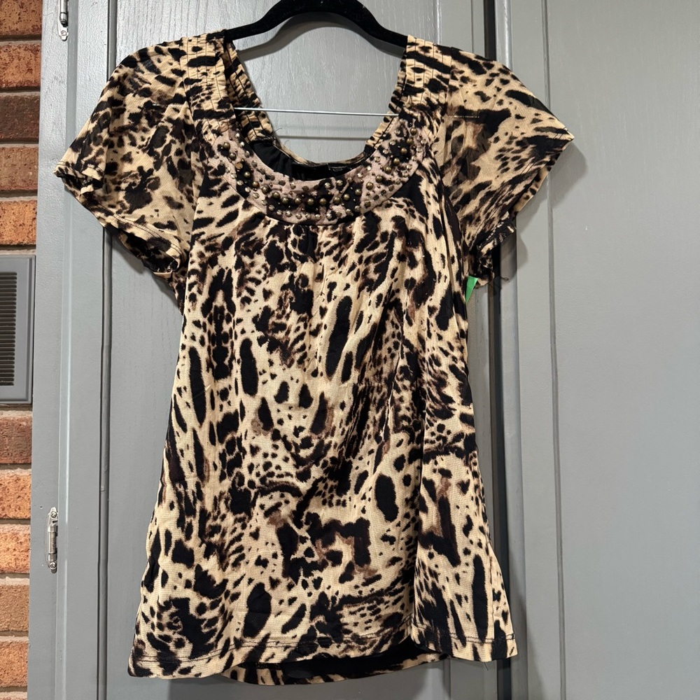 Apt. 9 Beaded Scoop Neck Animal Print Top - Black & Cream
